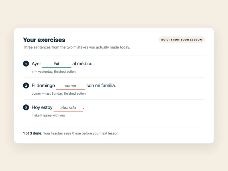 Three fill-in-the-blank Spanish exercises built from the mistakes made in the lesson