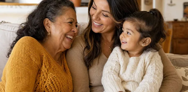 Three generations of a family talking together in Spanish at home