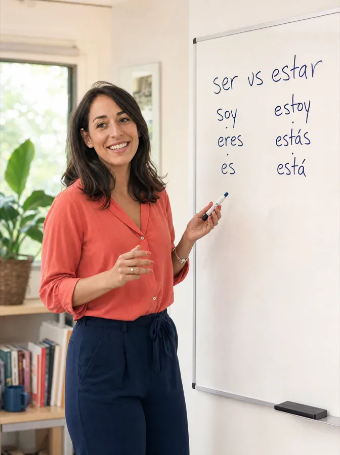 Spanish teacher explaining ser vs estar on a whiteboard