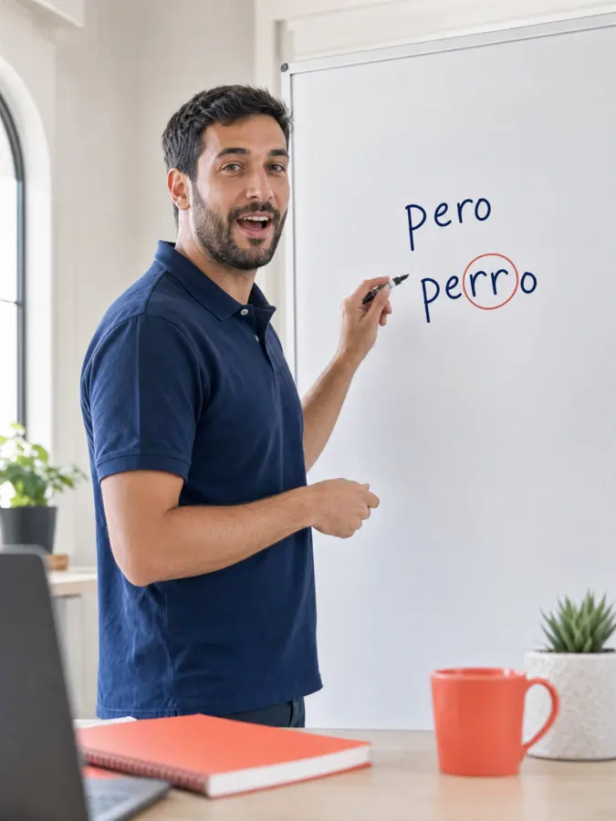 Spanish teacher comparing the pronunciation of pero and perro on a board during a one-on-one lesson
