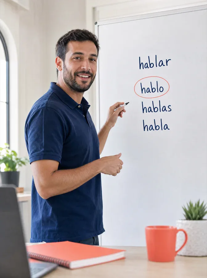 Spanish teacher conjugating the verb hablar on a whiteboard during a one-on-one lesson