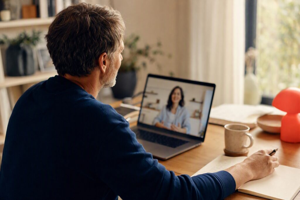 An adult taking an online Spanish lesson from home with a native teacher