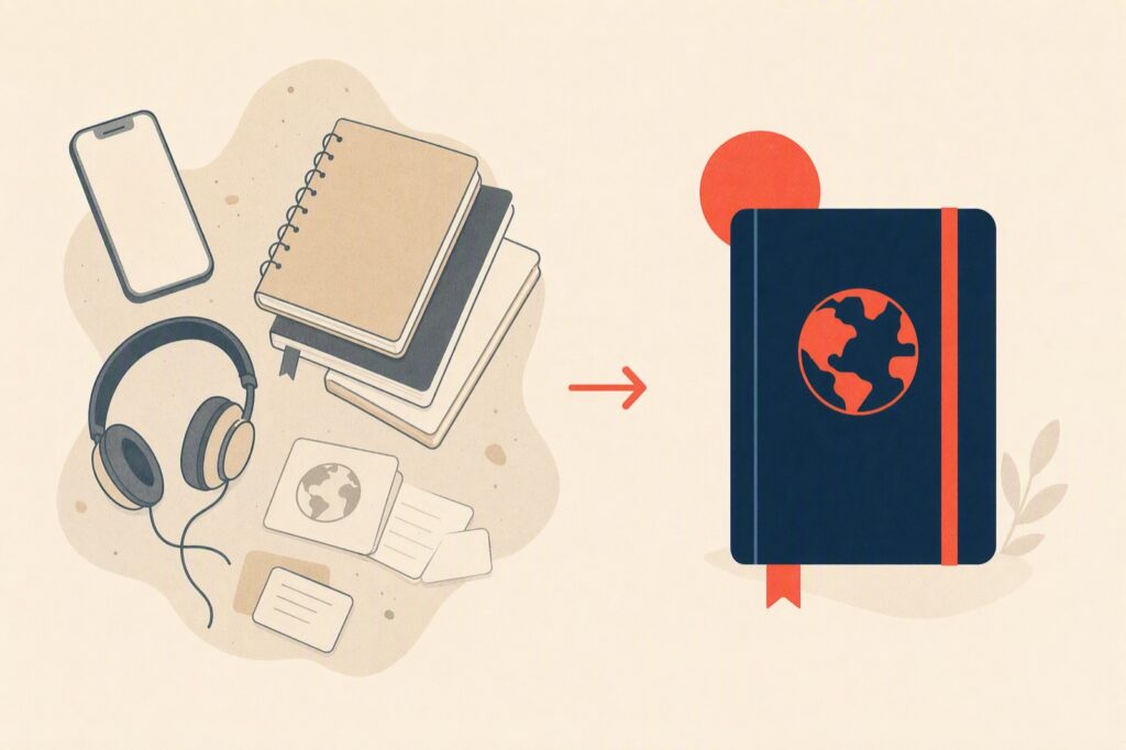 A woman learning Spanish for free with her laptop and notes at home