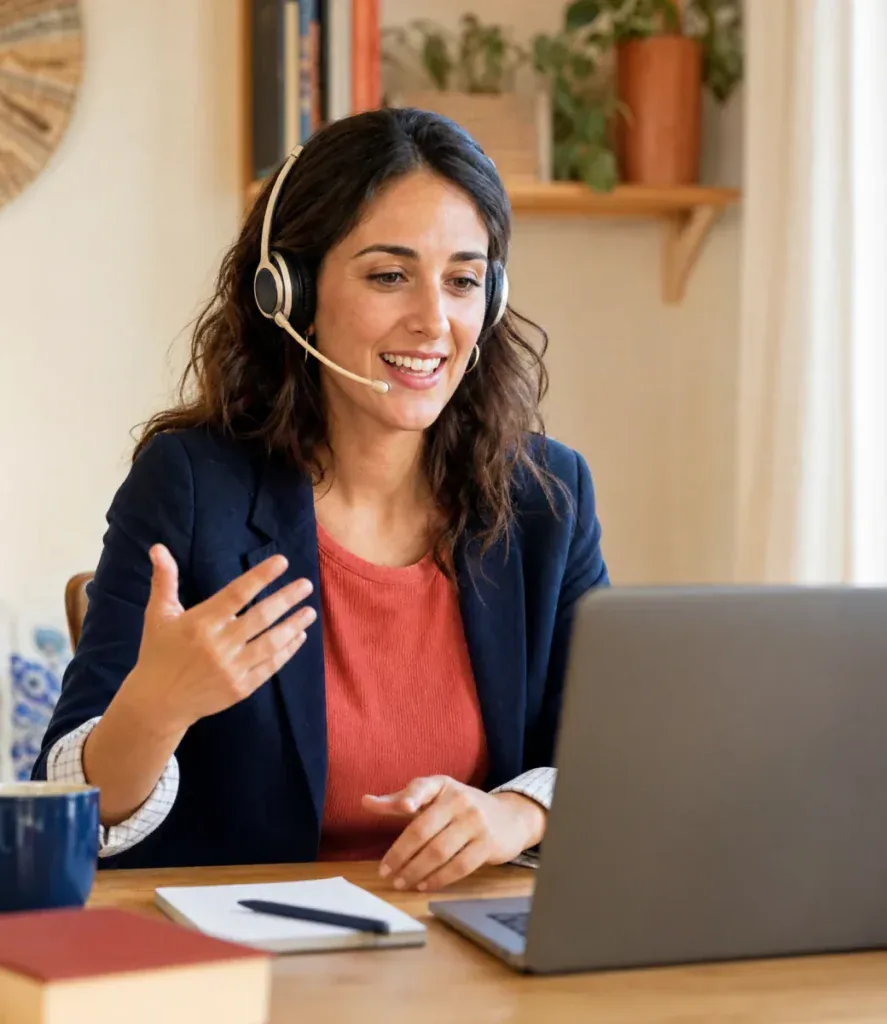 Adult student talking with a native Spanish teacher on a video call from home