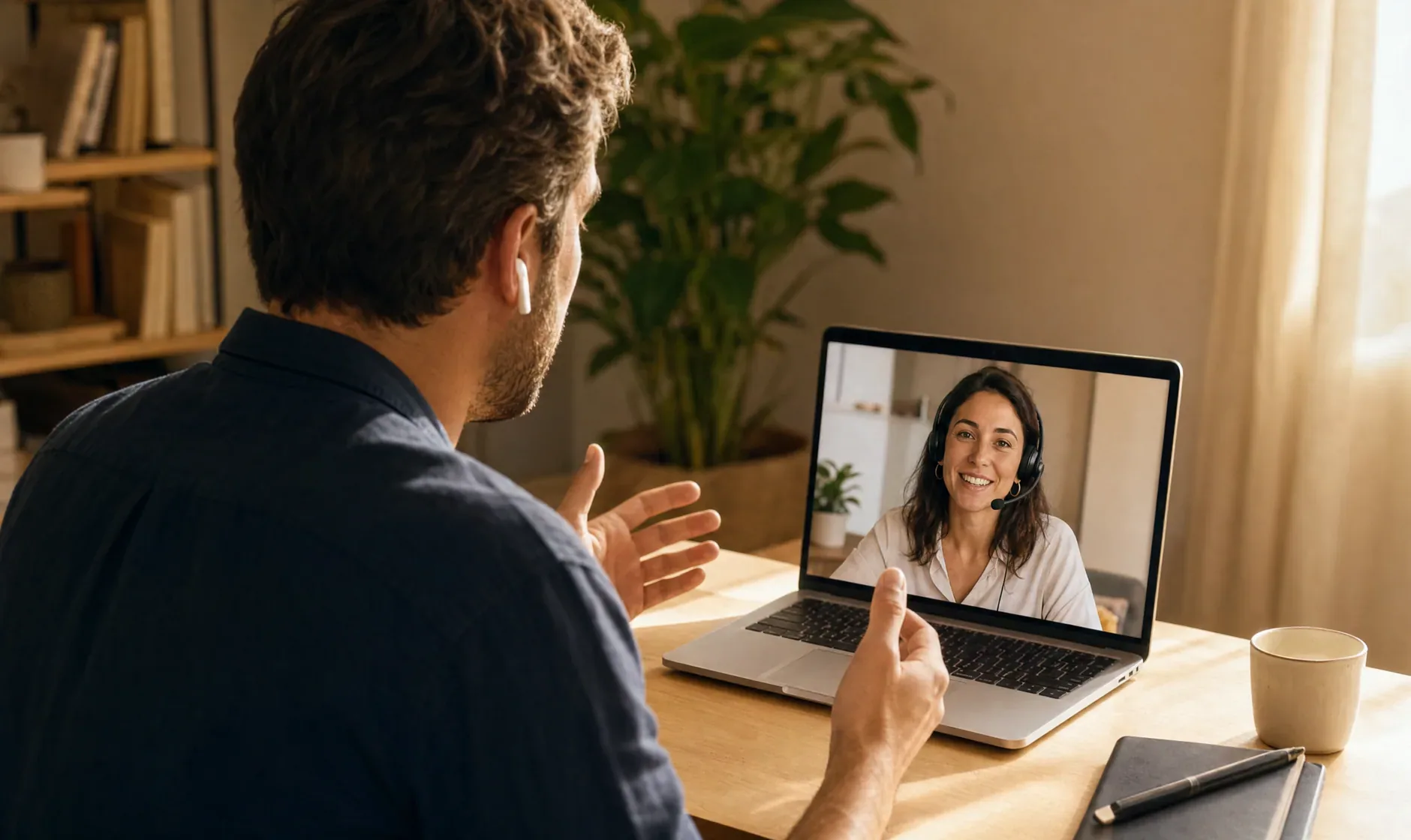 Adult student in a live one-on-one Spanish lesson with a native teacher on a laptop